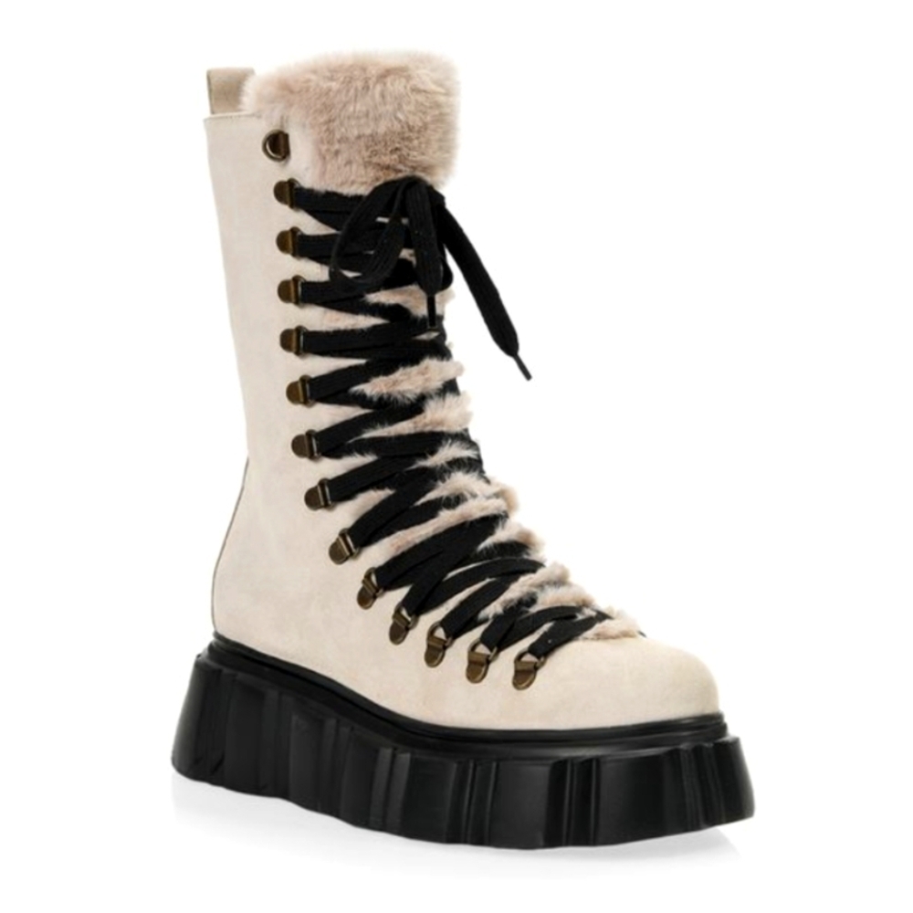 Browns B2 Tofino suede & faux fur platform moto combat boot cream Sz 9.5/10 EU40